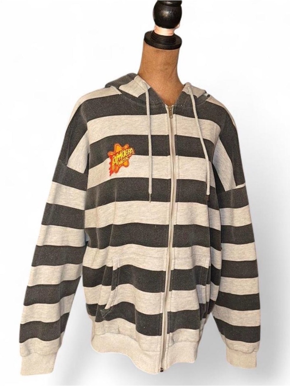 Black and Gray Striped Zip Hoodie Amoeba Music Records Patch Medium Edikted - Picture 2 of 8